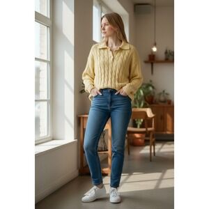 Vintage Anne Klein Collared Cable Knit Polo Sweater Womens M Butter Yellow